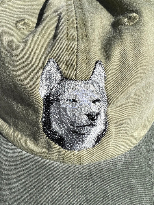 Dog embroidery cotton dad cap[Khaki]-Siberian Husky