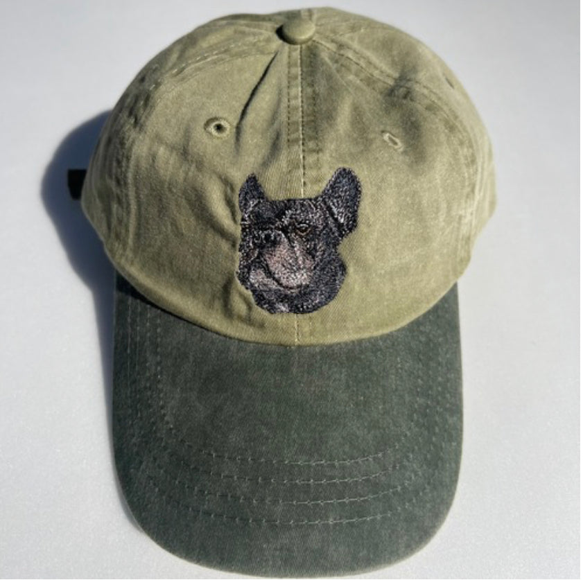 Dog embroidery cotton dad cap[Khaki]-French bulldog(All black)