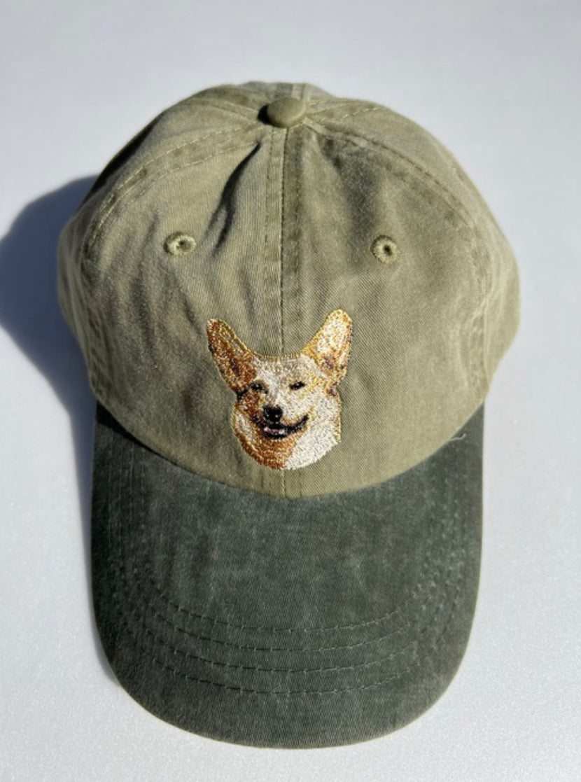 Dog embroidery cotton dad cap[Khaki]-Corgi