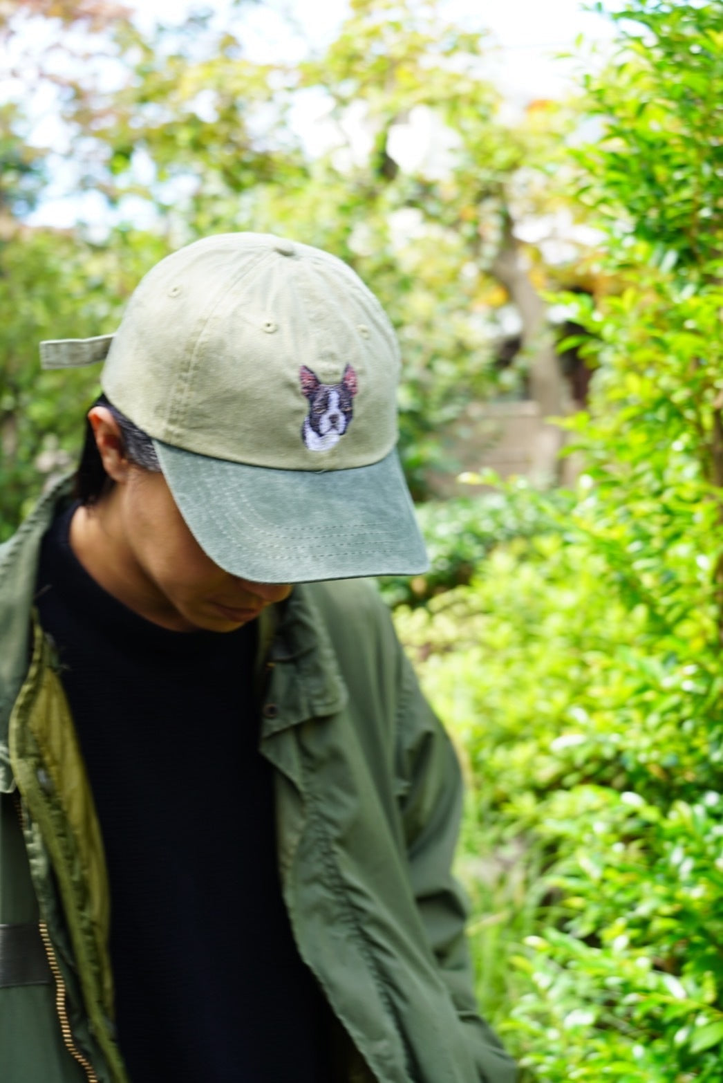 Dog embroidery cotton dad cap[Khaki]-Kamo