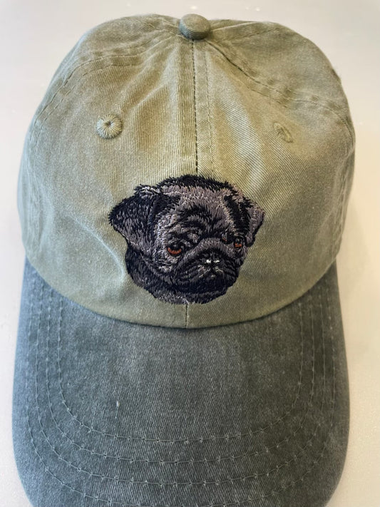 Dog embroidery cotton dad cap[Khaki]-Pug (Black)②