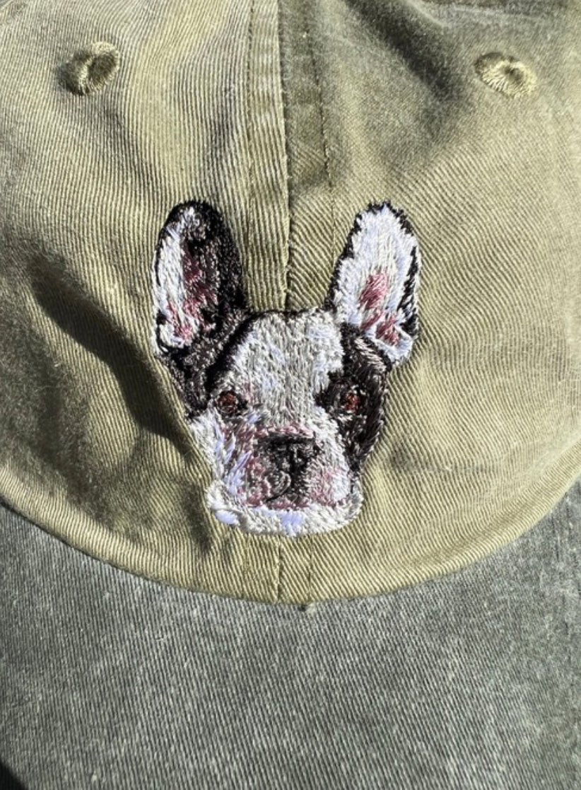 Dog embroidery cotton dad cap[Khaki]-French bulldog(White×Black)