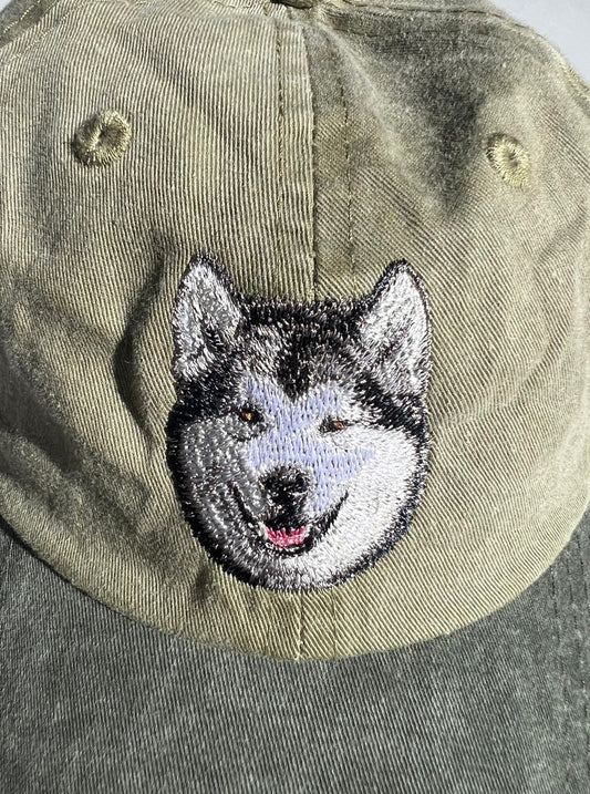 Dog embroidery cotton dad cap[Khaki]-Alaskan Malamute