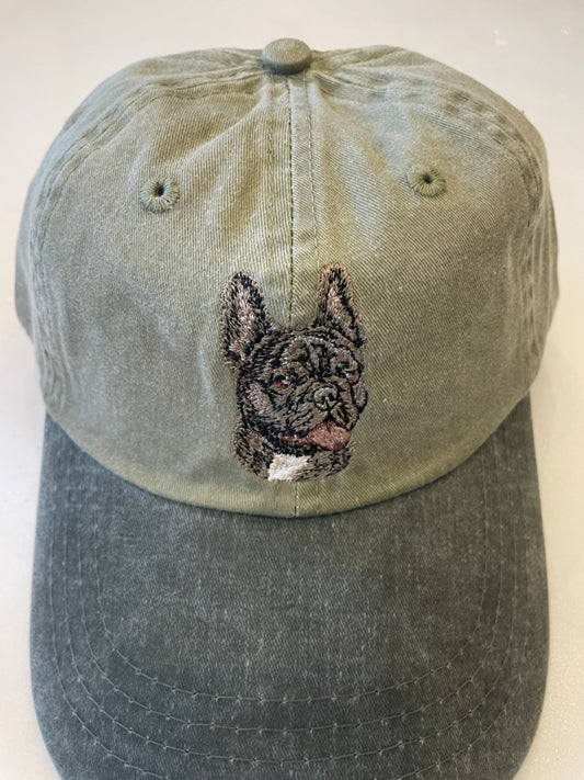 Dog embroidery cotton dad cap[Khaki]-French bulldog(Brindle)②A