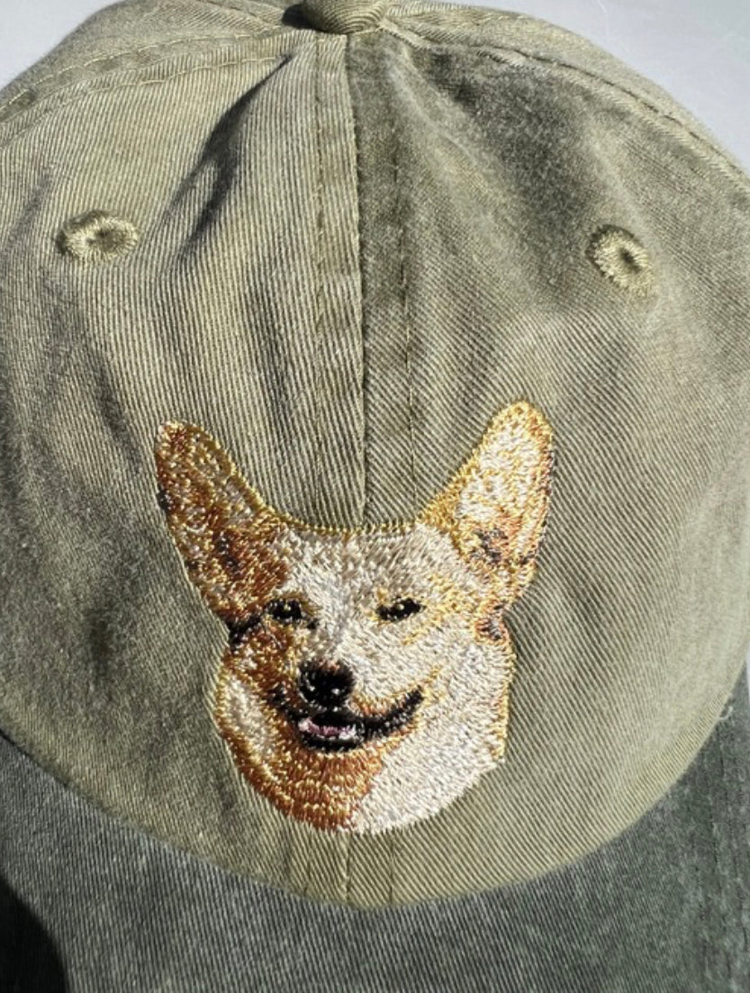 Dog embroidery cotton dad cap[Khaki]-Corgi