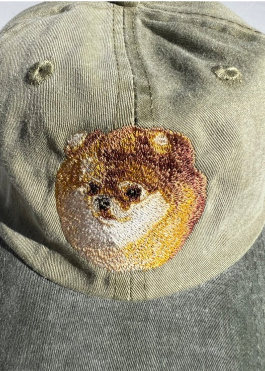 Dog embroidery cotton dad cap[Khaki]-Pomeranian