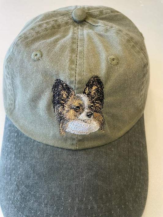 Dog embroidery cotton dad cap[Khaki]-Papillon(White×Brown)