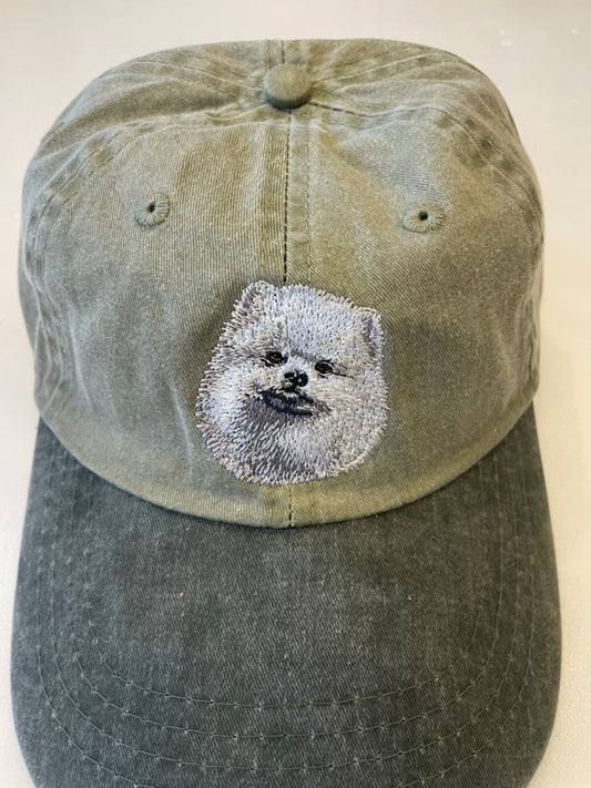 Dog embroidery cotton dad cap[Khaki]-Pomeranian(White)