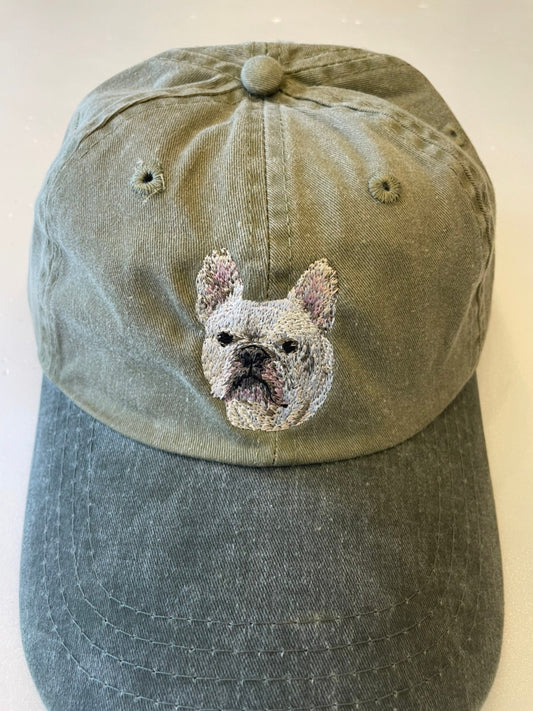 Dog embroidery cotton dad cap[Khaki]-French bulldog(all white)