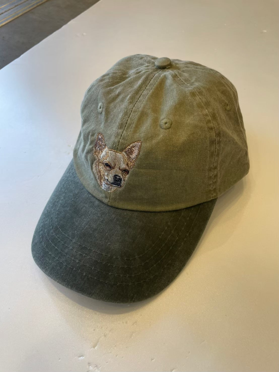 Dog embroidery cotton dad cap[Khaki]-Chihuahua(Cream)