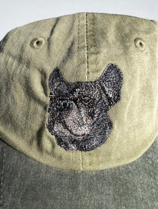 Dog embroidery cotton dad cap[Khaki]-French bulldog(All black)