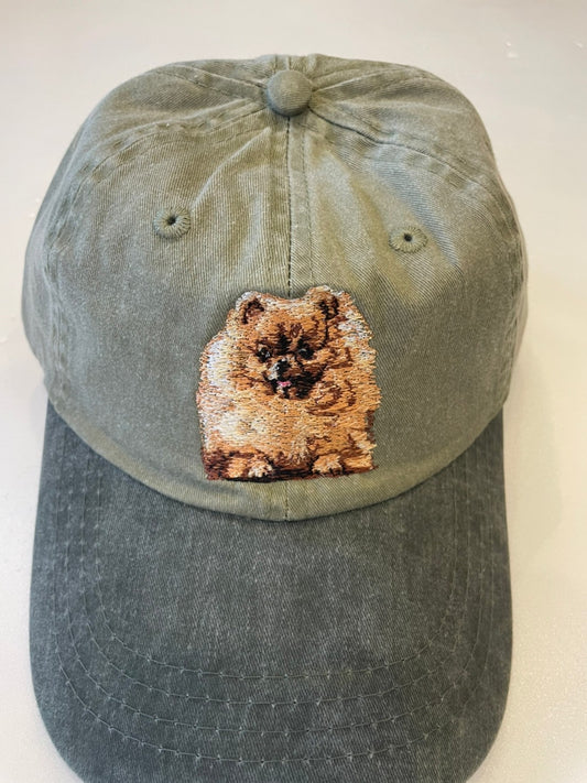 Dog embroidery cotton dad cap[Khaki]-Pomeranian(whole)