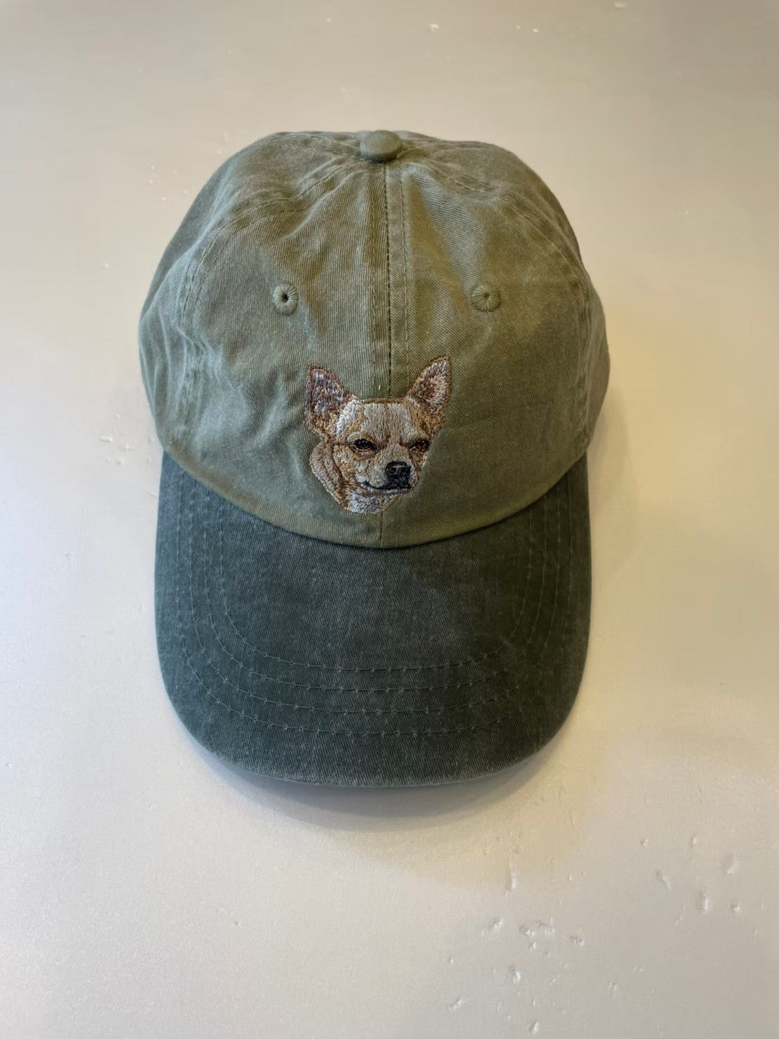 Dog embroidery cotton dad cap[Khaki]-Chihuahua(Cream)