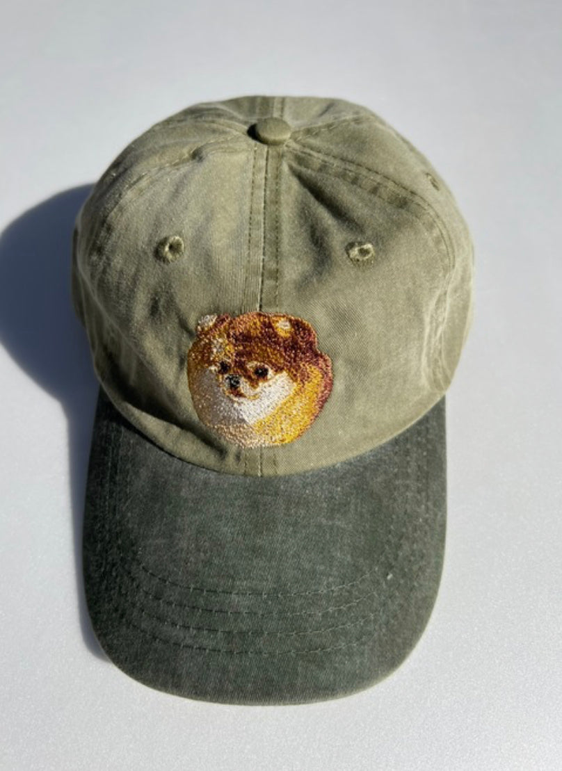 Dog embroidery cotton dad cap[Khaki]-Pomeranian