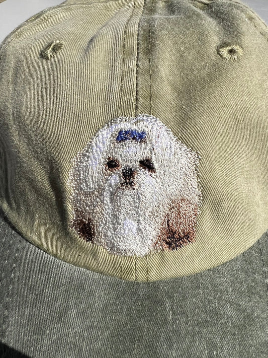 Dog embroidery cotton dad cap[Khaki]-Shih Tzu