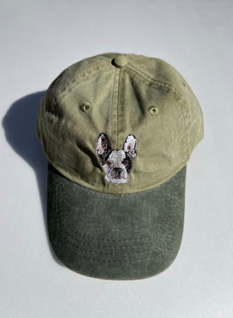 Dog embroidery cotton dad cap[Khaki]-French bulldog(White×Black)