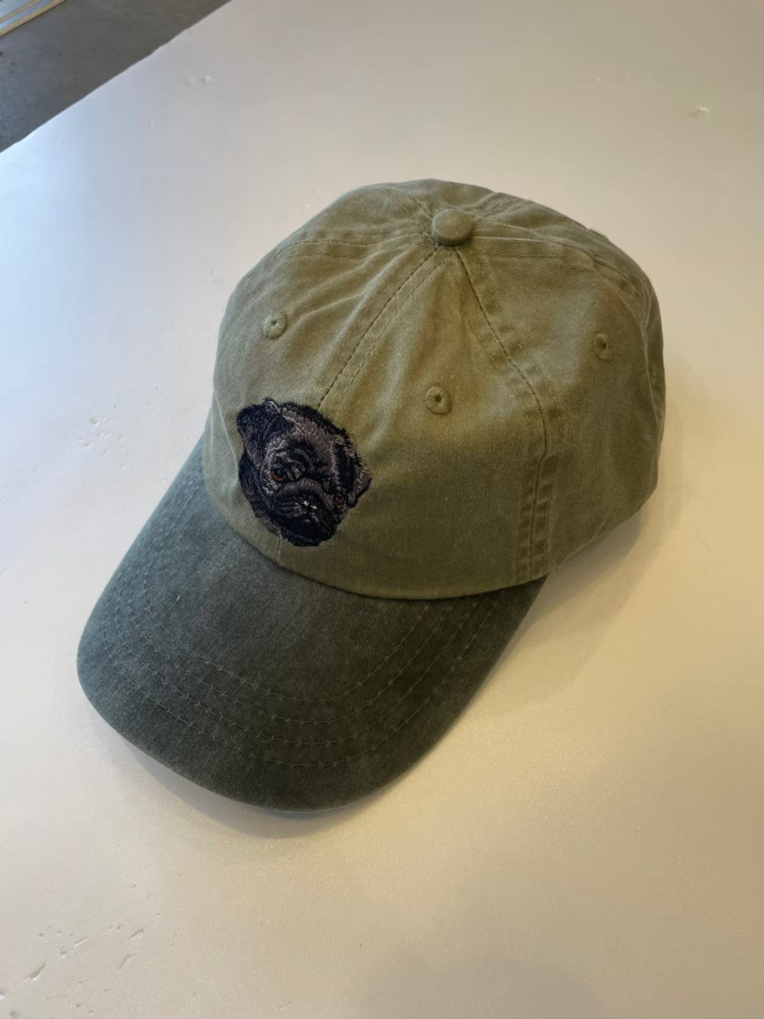 Dog embroidery cotton dad cap[Khaki]-Pug (Black)②