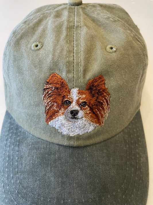 Dog embroidery cotton dad cap[Khaki]-Papillon(White×red)