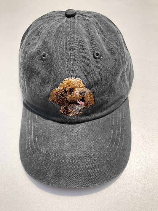 Dog embroidery cotton dad cap[fade black]-Poodle(red)