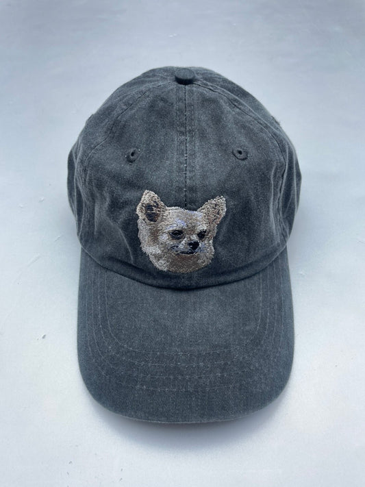 Dog embroidery cotton dad cap[fade black]-Chihuahua(White)