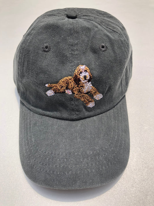 Dog embroidery cotton dad cap[fade black]-Australian　Labradoodle(whelo)