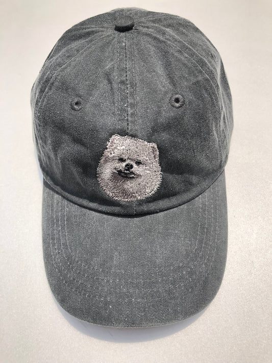 Dog embroidery cotton dad cap[fade black]-Pomeranian(white)