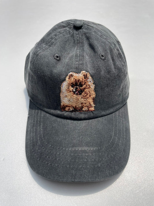 Dog embroidery cotton dad cap[fade black]-Pomeranian(whole)