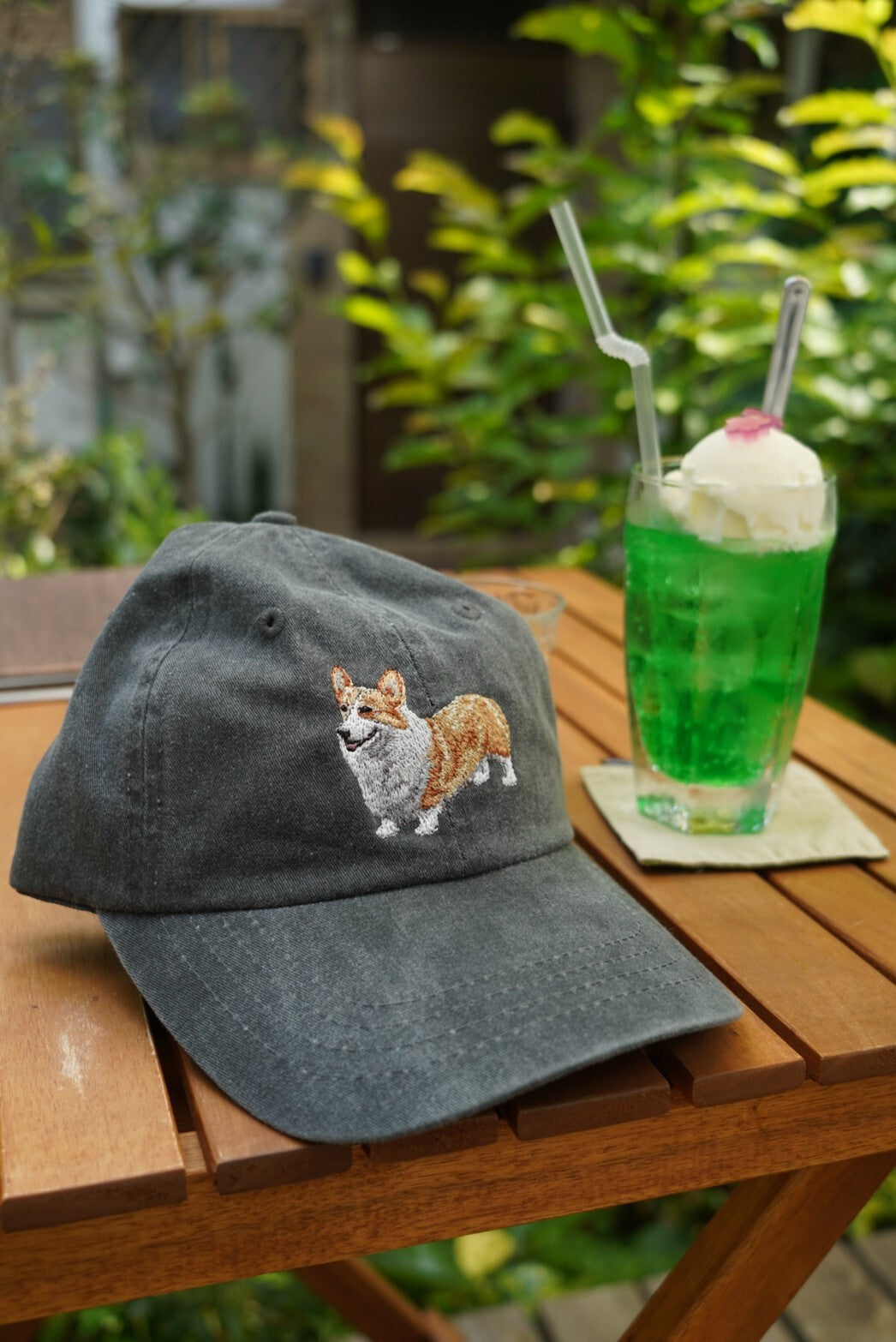 Dog embroidery cotton dad cap[fade black]-Corgi