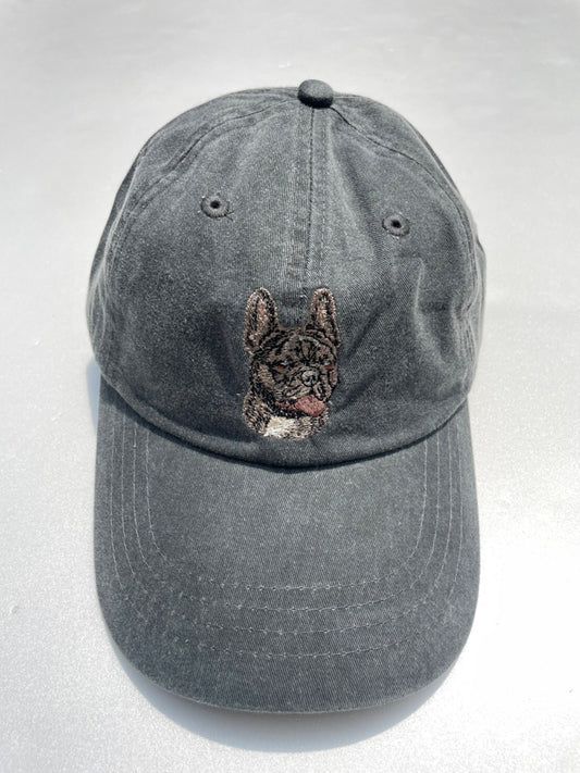 Dog embroidery cotton dad cap[fade black]-French bulldog(Brindle)②A