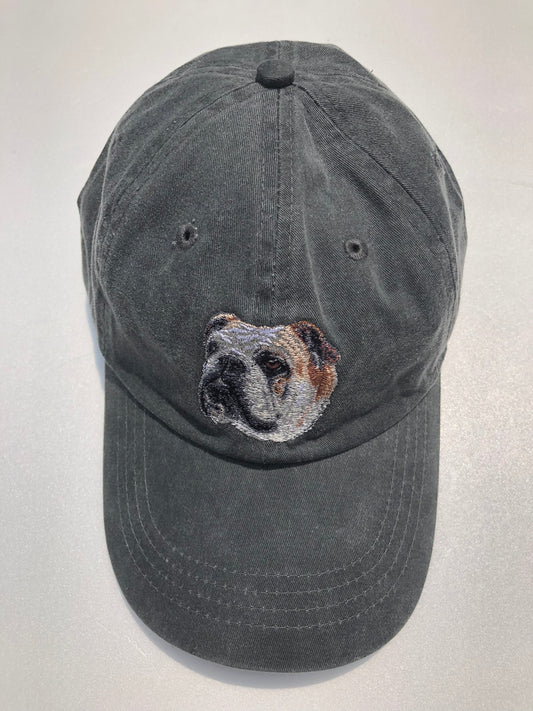 Dog embroidery cotton dad cap[fade black]-Bulldog(side)