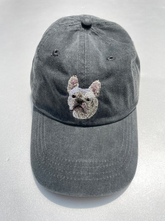 Dog embroidery cotton dad cap[fade black]-French bulldog(all white)