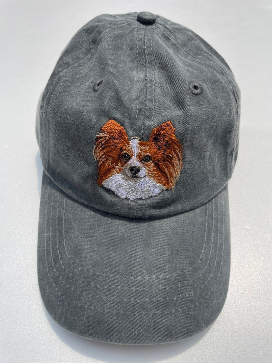 Dog embroidery cotton dad cap[fade black]-Papillon(White×red)
