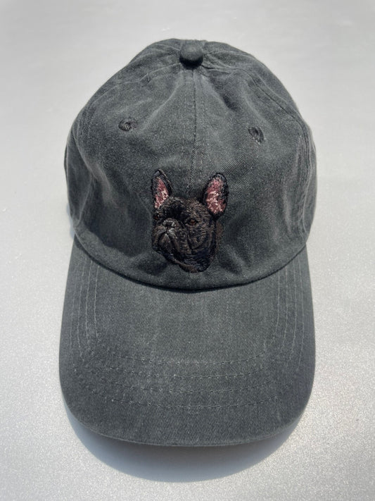 Dog embroidery cotton dad cap[fade black]-French bulldog(Brindle)