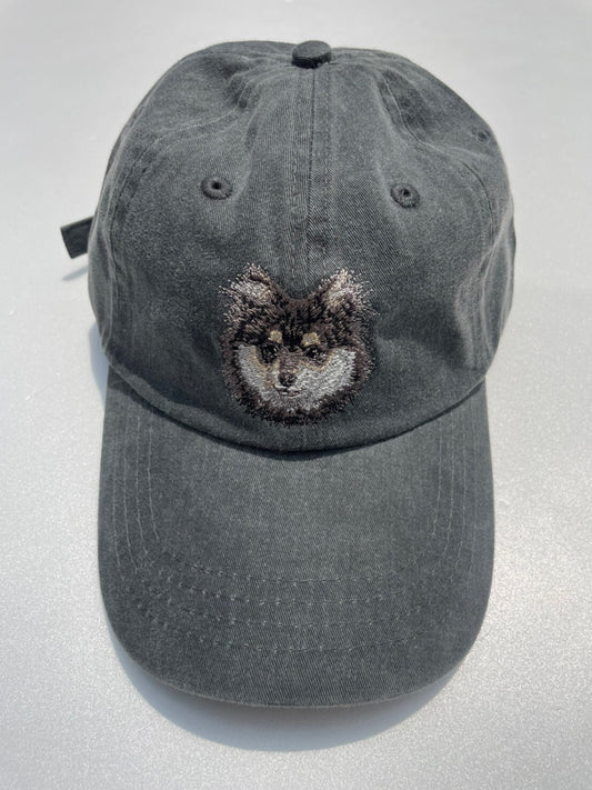 Dog embroidery cotton dad cap[fade black]-Pomeranian(Black)